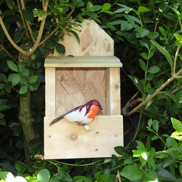 Wooden Robin Nest Box - Shelf Rustic Wild Bird Garden Outdoor House Shelter