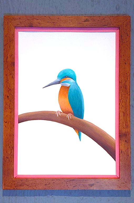 Handmade Unique Framed A3 Print Colourful Kingfisher Pink Border Wallart