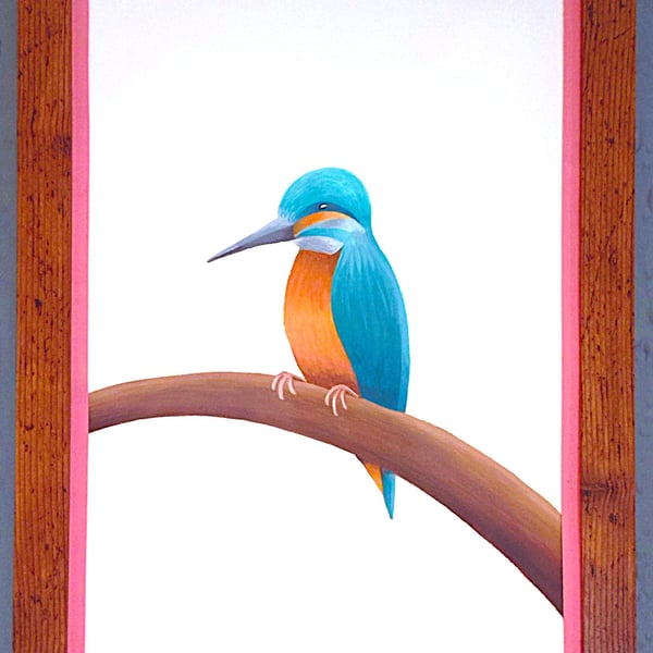 Handmade Unique Framed A3 Print Colourful Kingfisher Pink Border Wallart