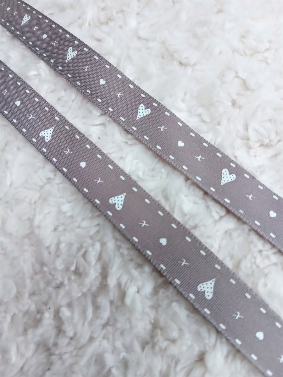 1 metre cream on taupe HEARTS grossgrain 15mm wide ribbon for crafting