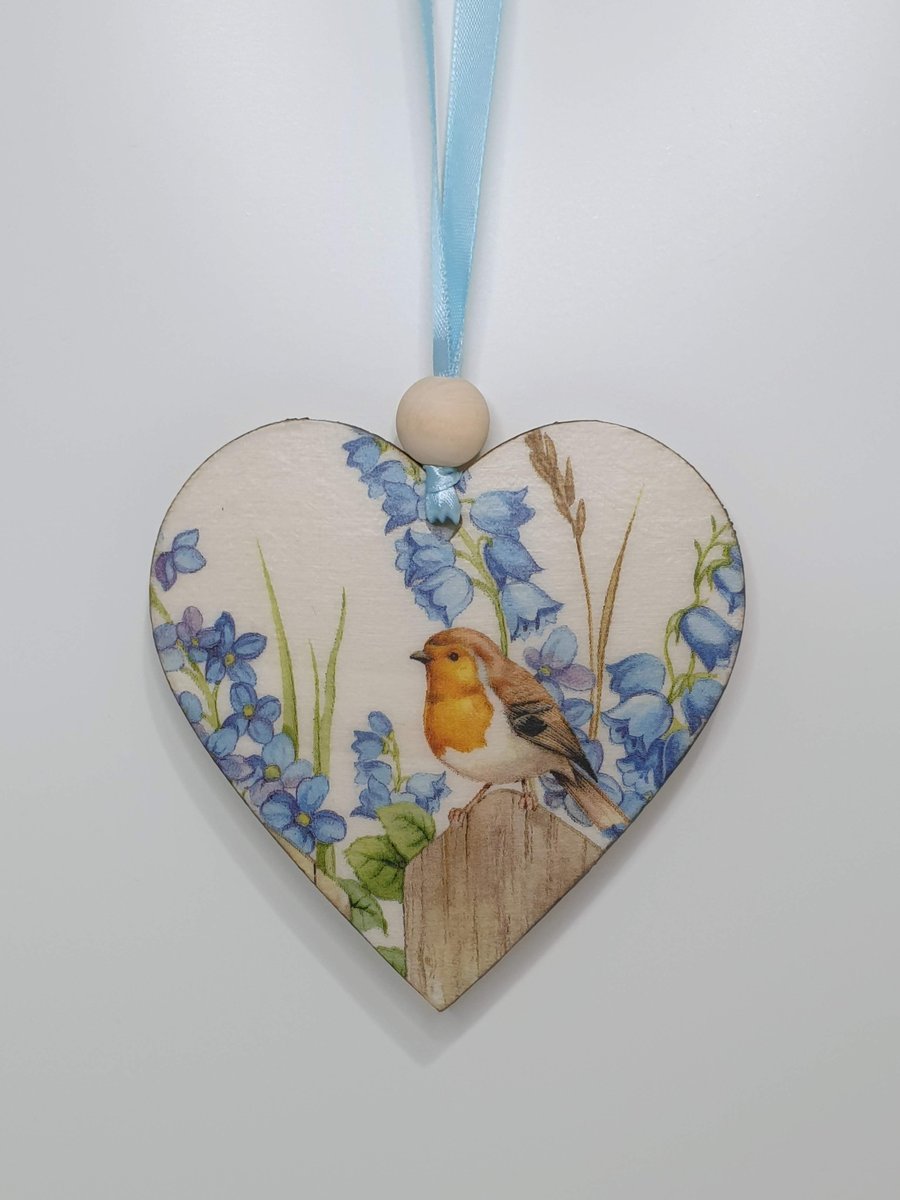 Robin decoration, wooden heart, Christmas gift for a bird lover
