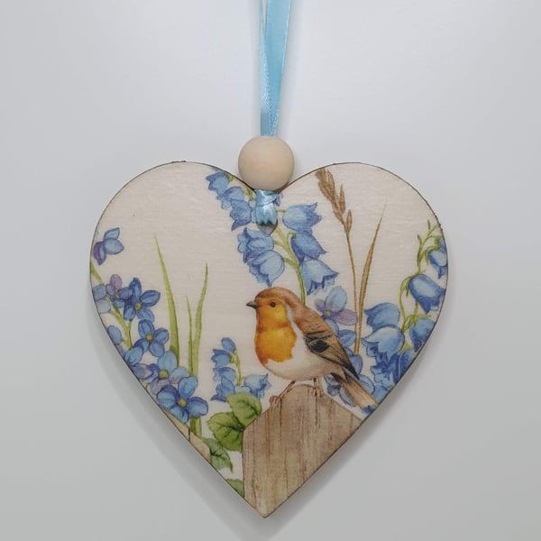 Robin decoration, wooden heart, Christmas gift for a bird lover