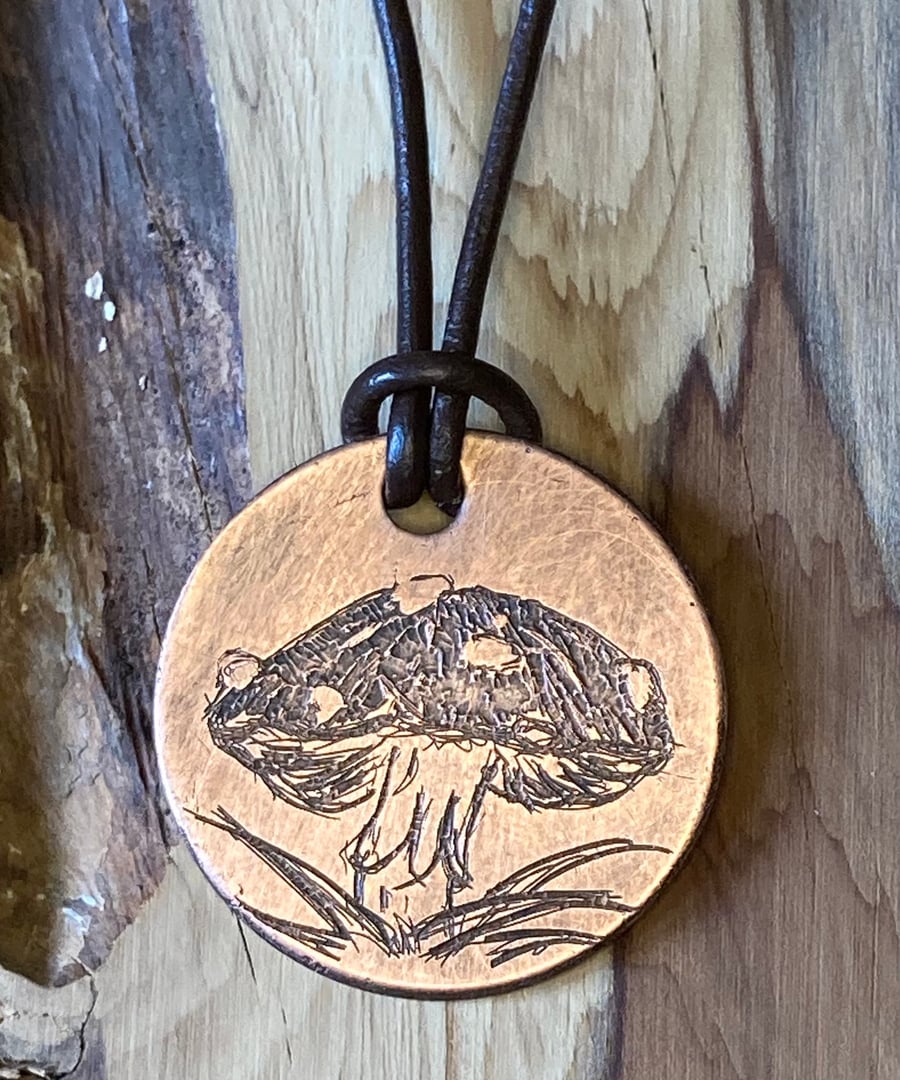 Fly Agaric Mushroom - Handmade Etched Copper Pendant Necklace