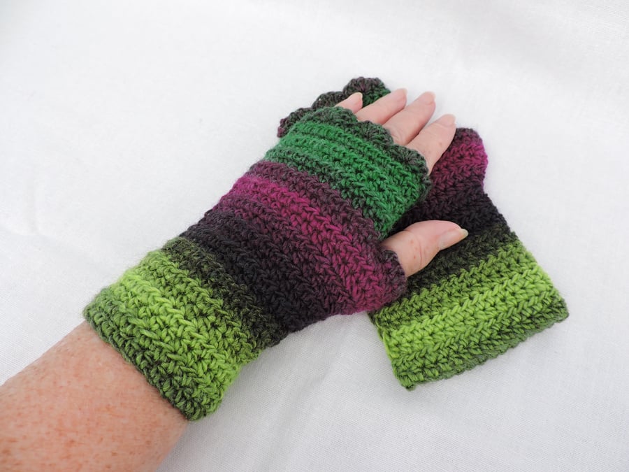 Seconds Sunday Crochet Fingerless Mitts Forest Green Magenta Black Lime