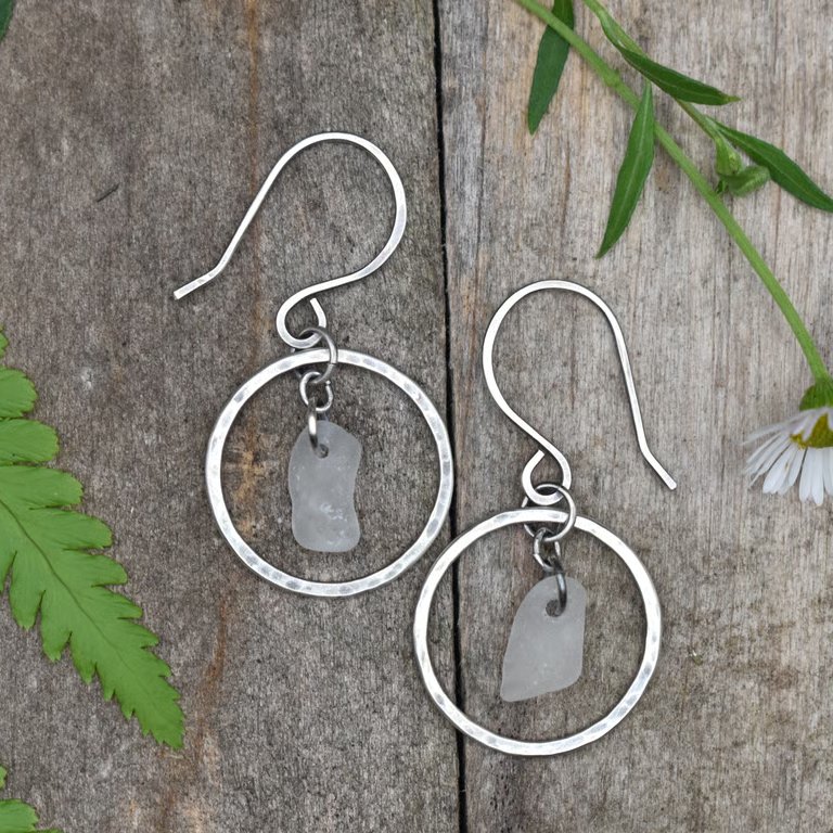 Sea Glass and Sterling Silver Circle Earrings, White