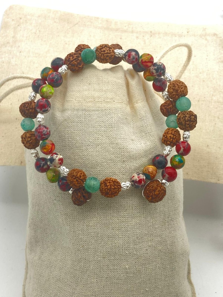 Healing bracelet with imperial jasper, frosted green agate, rudraksha and silver