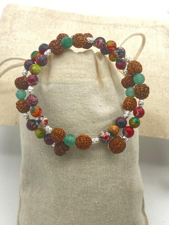 Healing bracelet with imperial jasper, frosted green agate, rudraksha and silver