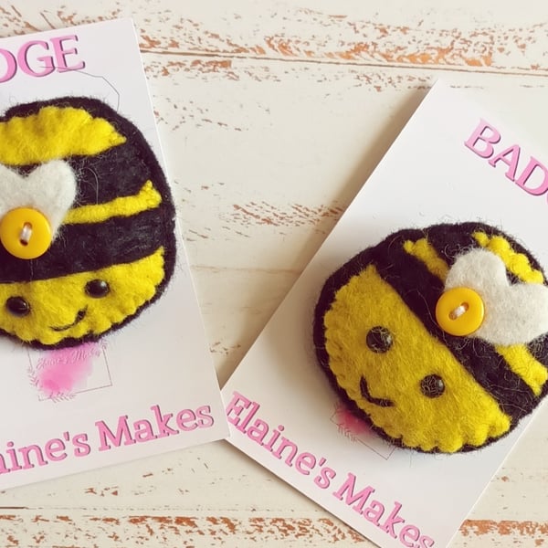 Hand sewn wool blend felt 'busy bee' badge on a printed backing card (yellow)