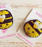 Hand sewn wool blend felt 'busy bee' badge on a printed backing card (yellow)