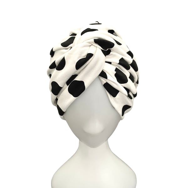 Handmade prettied white and black dotted twisted turban hat head wrap