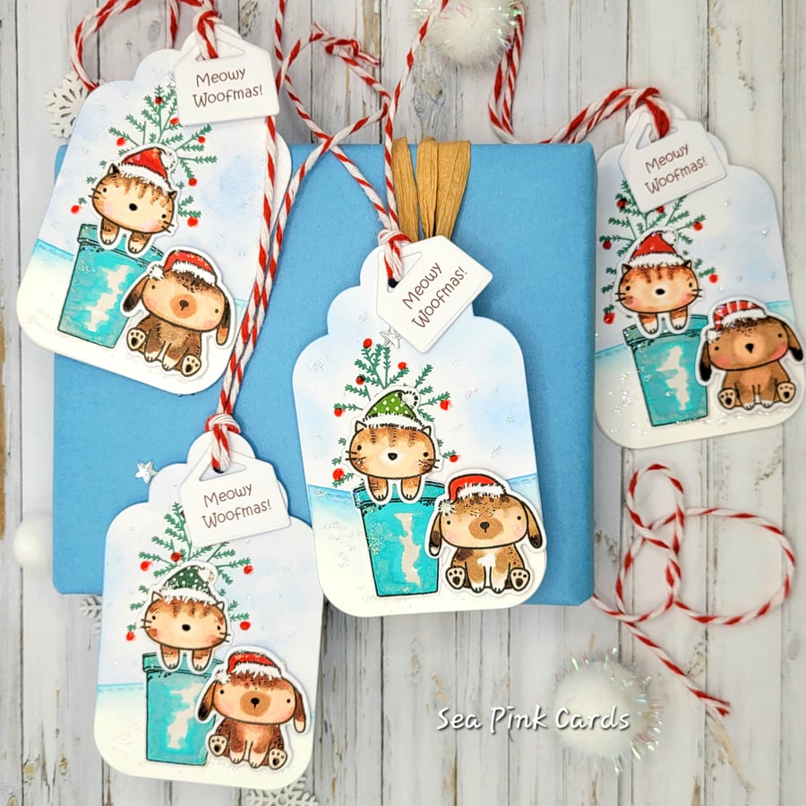 Dog and Cat Christmas Gift Tags -  Set of 4 Handmade, dimensional, textured, 3D