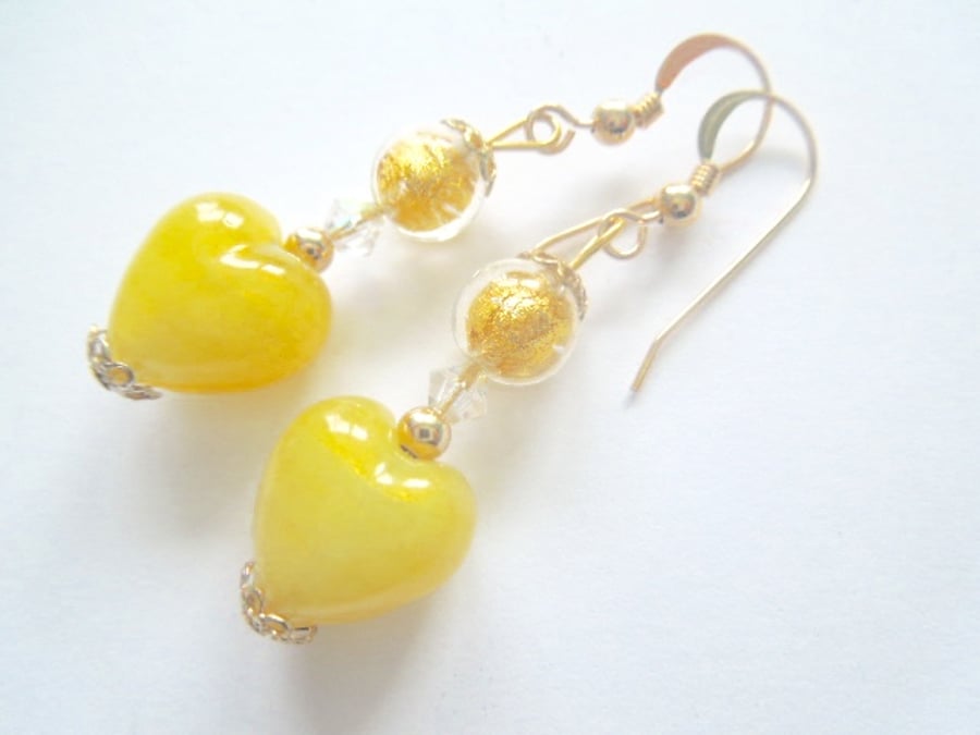 Yellow Murano glass earrings with Swarovski crystal and gold filled hooks.