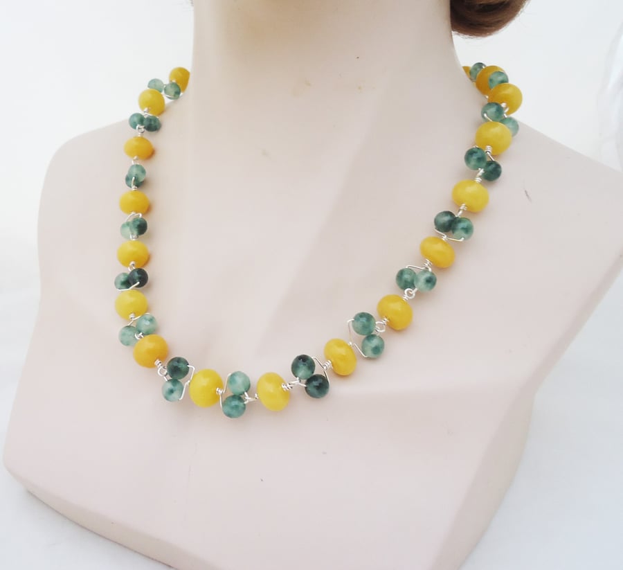 Jade and Quartz Necklace, Jade and Quartz Wire Wrapped Necklace, Yellow, Green