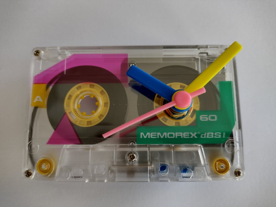Clock upcycled from vintage cassette tape, 80s retro room decor desk clock