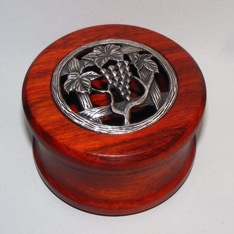 Padauk Potpourri Bowl with ’Grape Vine’ Pewter Lid. (B031)