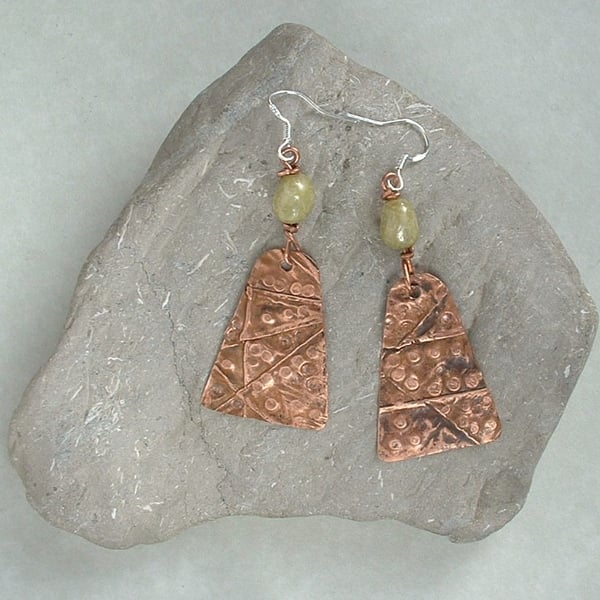 Rustic Copper Foil Fold Formed Earrings with Connemara Marble Beads