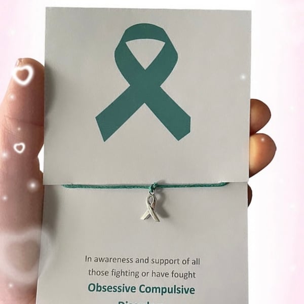 OCD obsessive compulsive disorder wish bracelet teal ribbon charm corded 