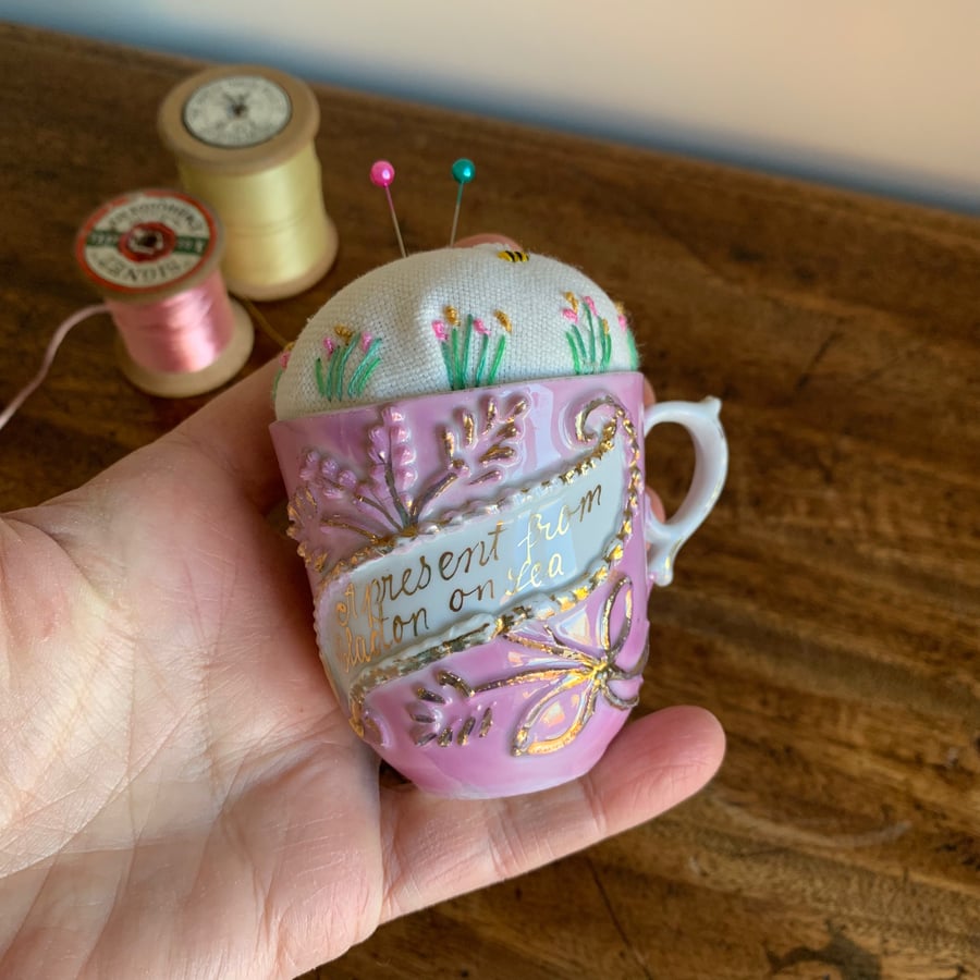 Present from Clacton embroidered pincushion