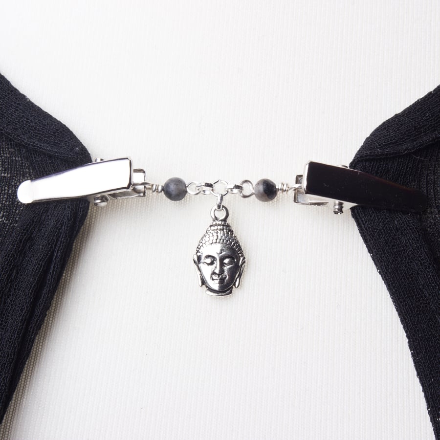 Buddha Cardigan clip chain - Silver Siddhartha and labradorite gemstone