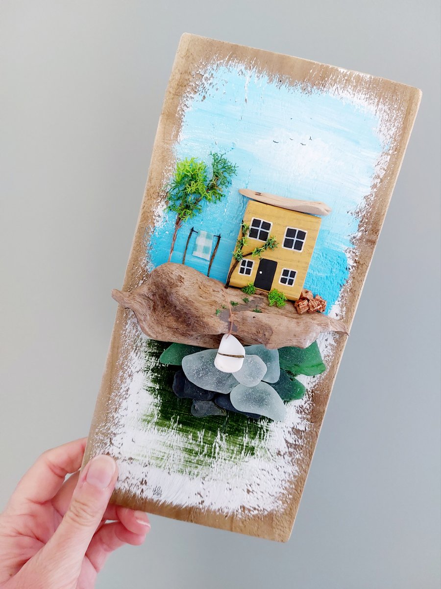 Driftwood & Sea Glass Miniature Art, Coast Wall Hanging from Reclaimed Materials