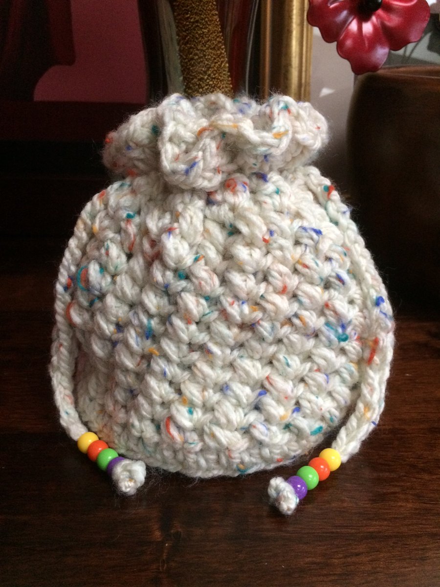 Hand Crocheted Luxury Cream and Rainbow Fleck Drawstring Bag Purse