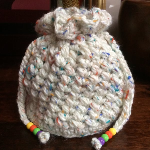 Hand Crocheted Luxury Cream and Rainbow Fleck Drawstring Bag Purse