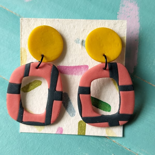 Yellow and pink polymer clay dangly earrings 