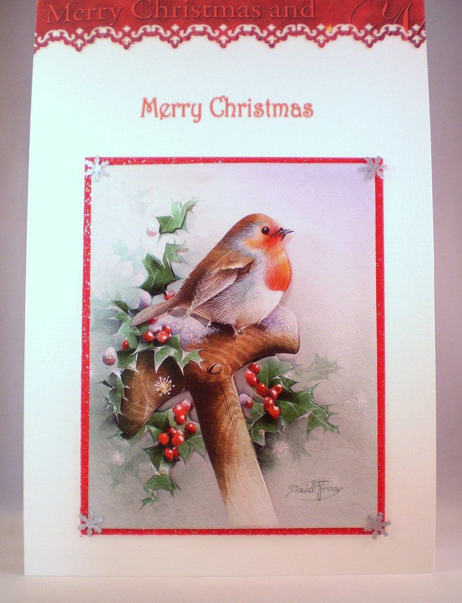 Handmade Christmas Robin Card, 3D, Decoupage, Personalise