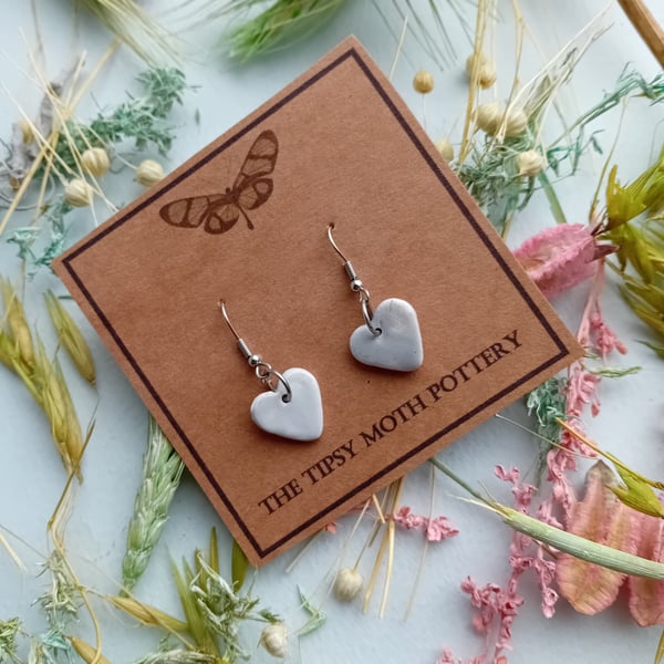 Classic heart porcelain clay earrings in dove grey on surgical steel hooks