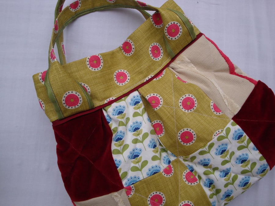 Small Quilted  Patchwork Handbag -  cotton - linen - velvet - zip pocket .