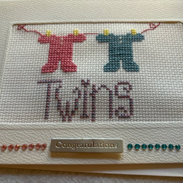 Cross stitched It’s Twins card 