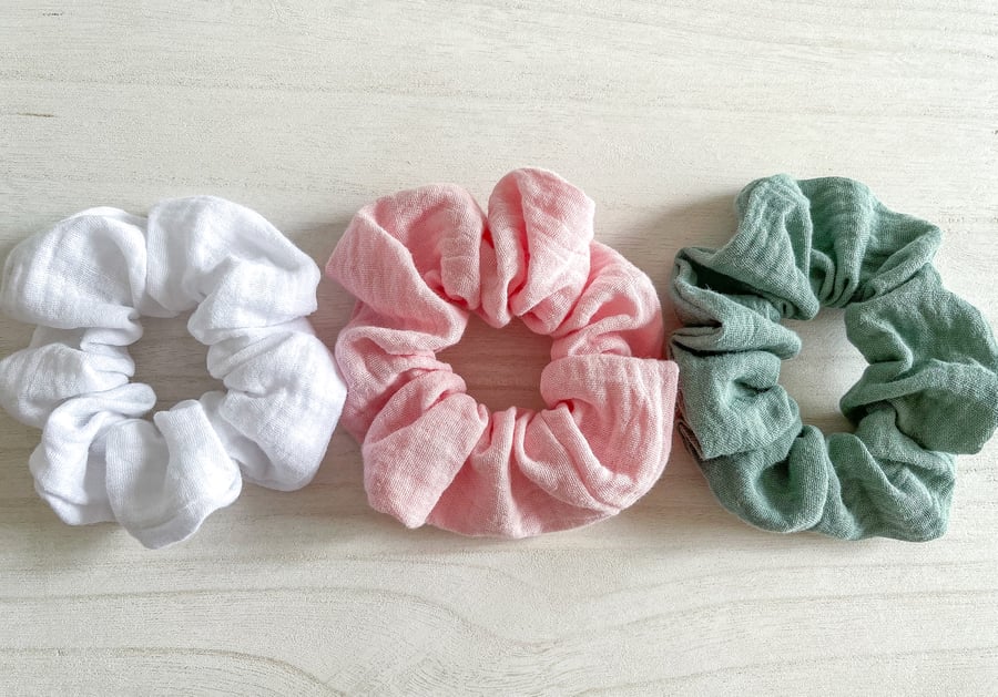 Muslin Scrunchie, White, Pink, Sage Green Scrunchie, 100% Cotton Double Gauze