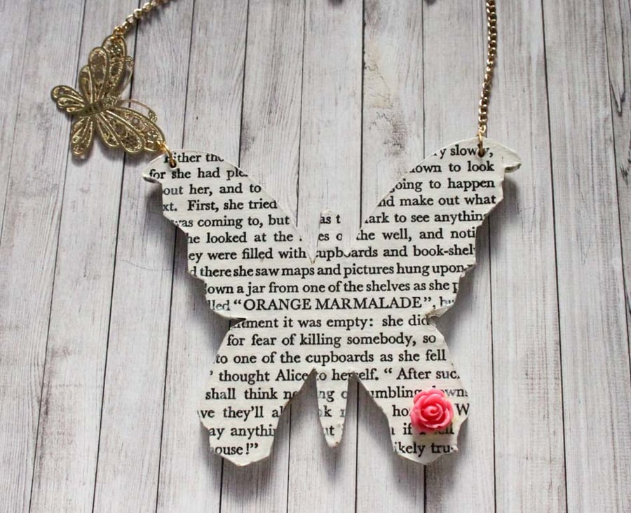 Fairy Tale Alice in Wonderland Page Quote Butterfly Rose Charm Necklace