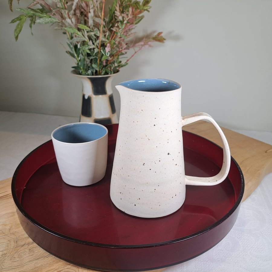BLUE AND CREAM TALL HAND MADE CERAMIC STONEWARE JUG