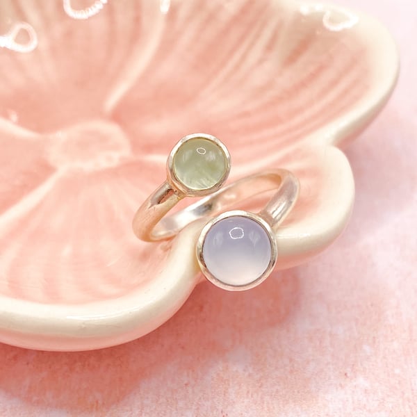 Unique Chalcedony and Prehnite Silver Ring Handmade 