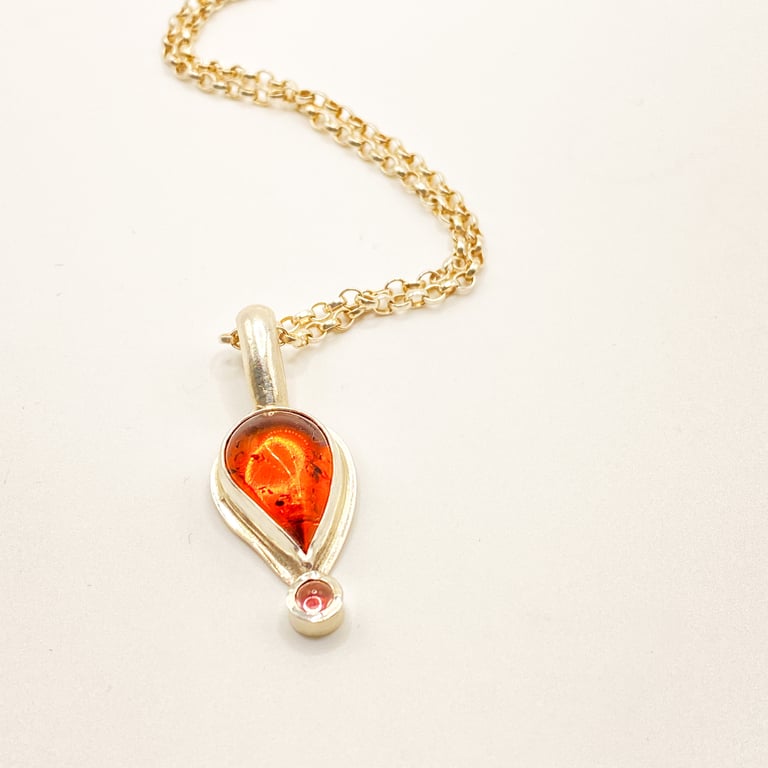 Amber and Tourmaline Silver Pendant Handmade 