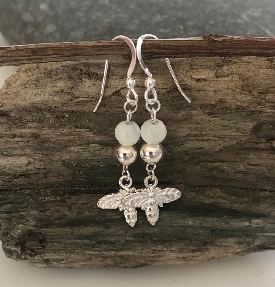 Mother of pearl gemstone and bumble bee earrings with sterling silver ear wires 