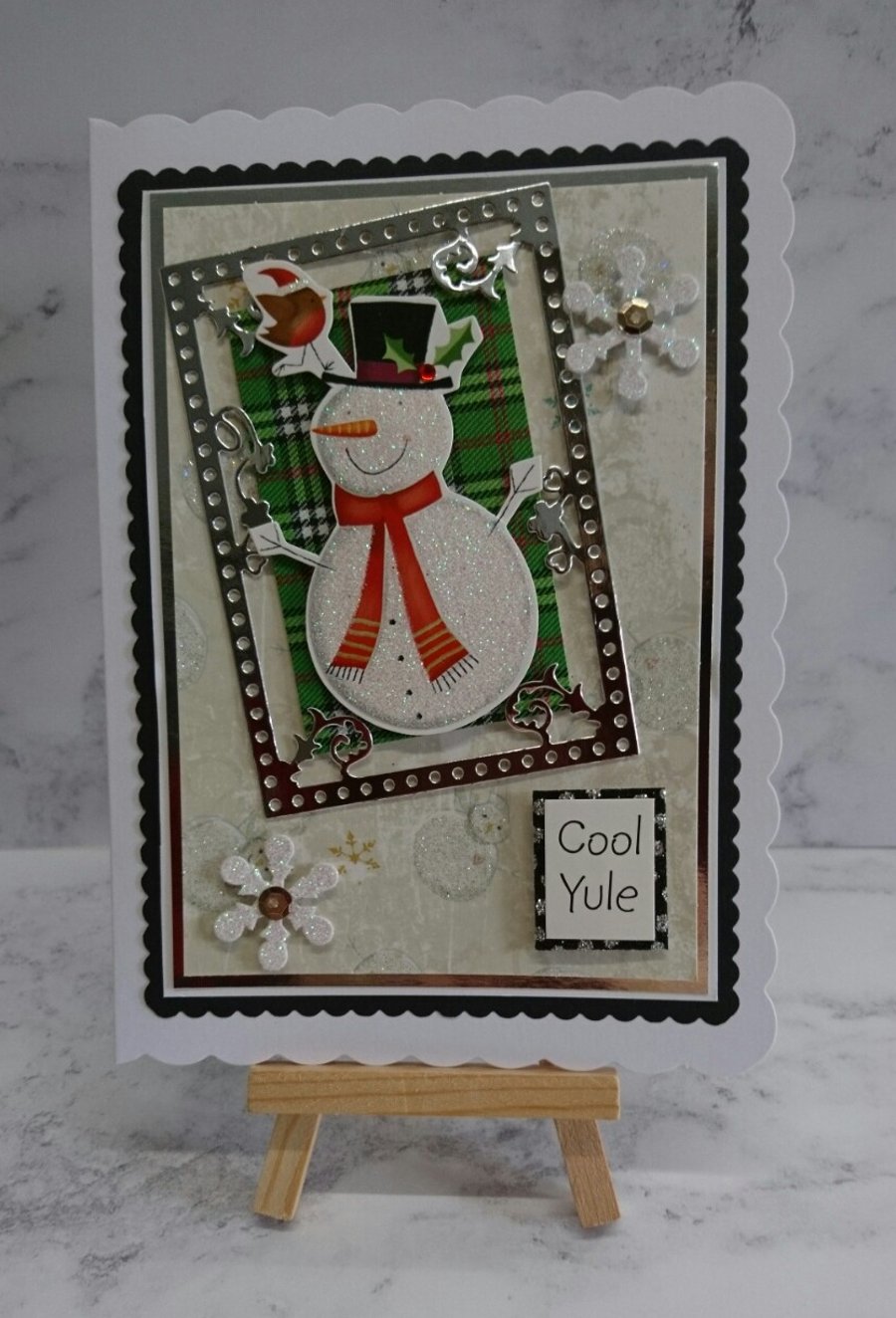 Handmade Christmas Card Cool Yule Snowman and Robin with Snowflakes
