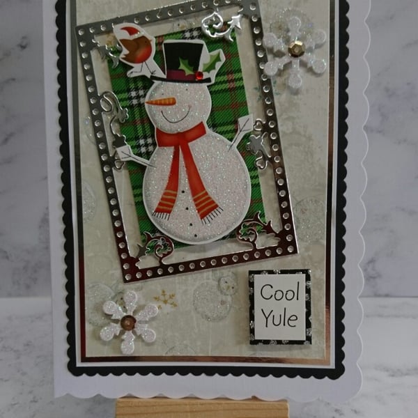 Handmade Christmas Card Cool Yule Snowman and Robin with Snowflakes