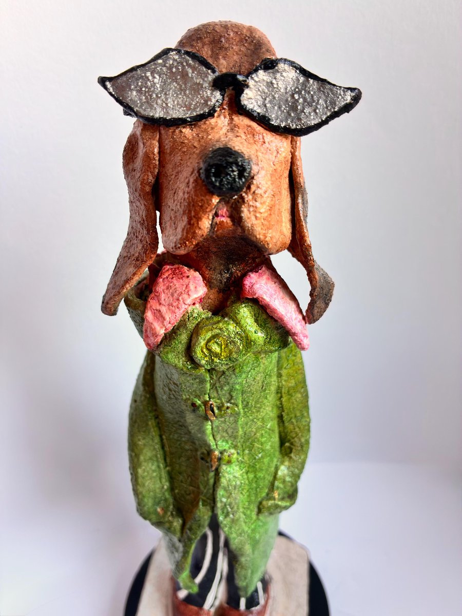 Handmade Ceramic Dog Sculpture Bowie style Stripe Trousers, Rock Icon Art