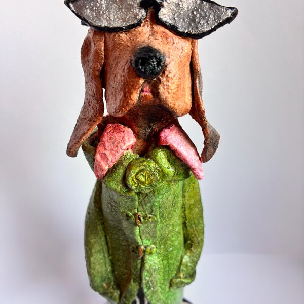Handmade Ceramic Dog Sculpture Bowie style Stripe Trousers, Rock Icon Art