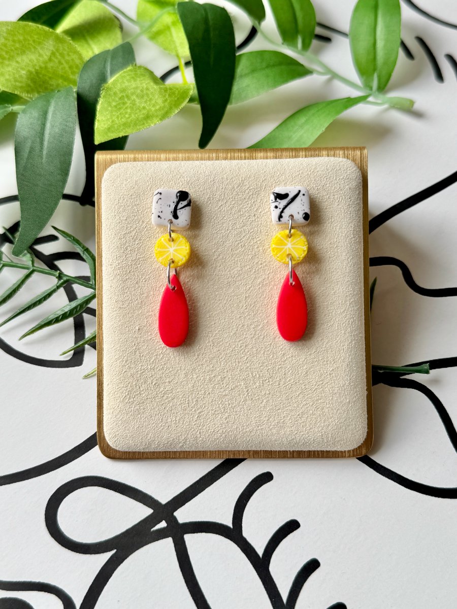 Splatter Lemon and Fire Red Drop Earrings