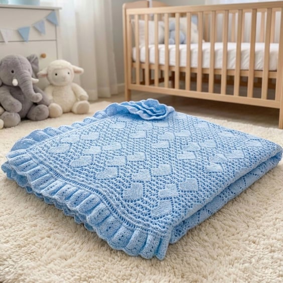 Hand knitted blue baby blanket with heart lace design, keepsake shawl gift