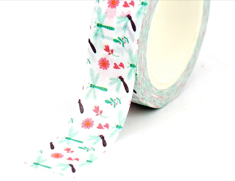 Dragonfly & Flowers, 15mm Washi Tape, 10m, Decorative Tape, Cards, Journal,