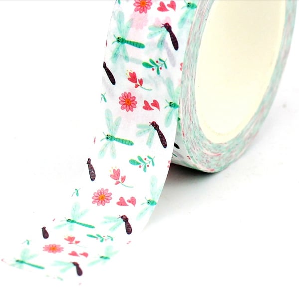 Dragonfly & Flowers, 15mm Washi Tape, 10m, Decorative Tape, Cards, Journal,