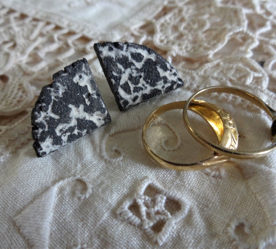 Black and white ceramic earrings with sterling silver fittings