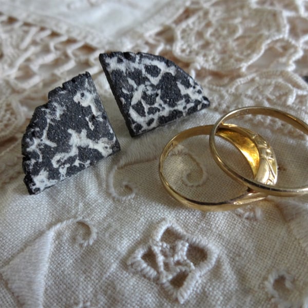 Black and white ceramic earrings with sterling silver fittings