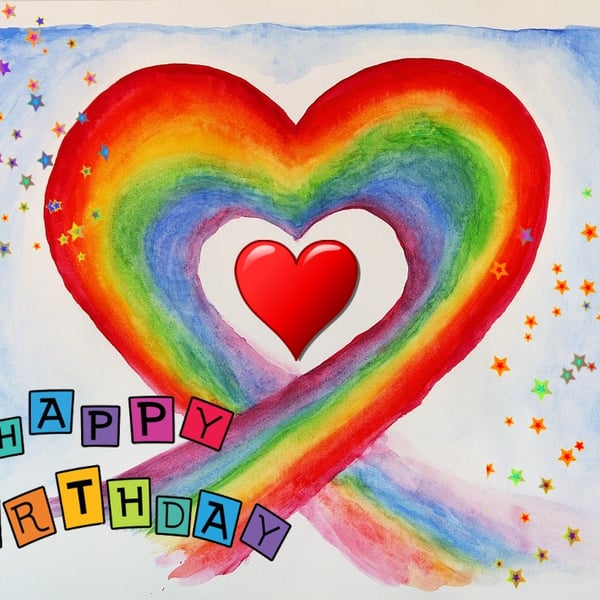 Happy Birthday Rainbow Heart Card A5