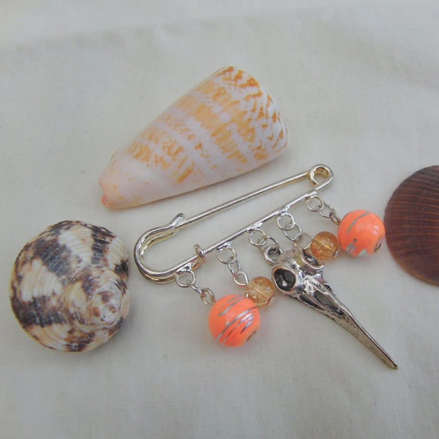 Orange and Yellow Beads and a Silver Bird Skull Charm Kilt Pin Brooch