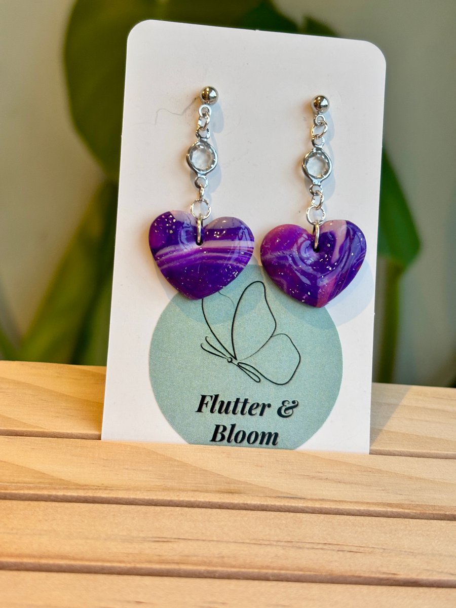 Heart dangling earrings -purple with gemstone 